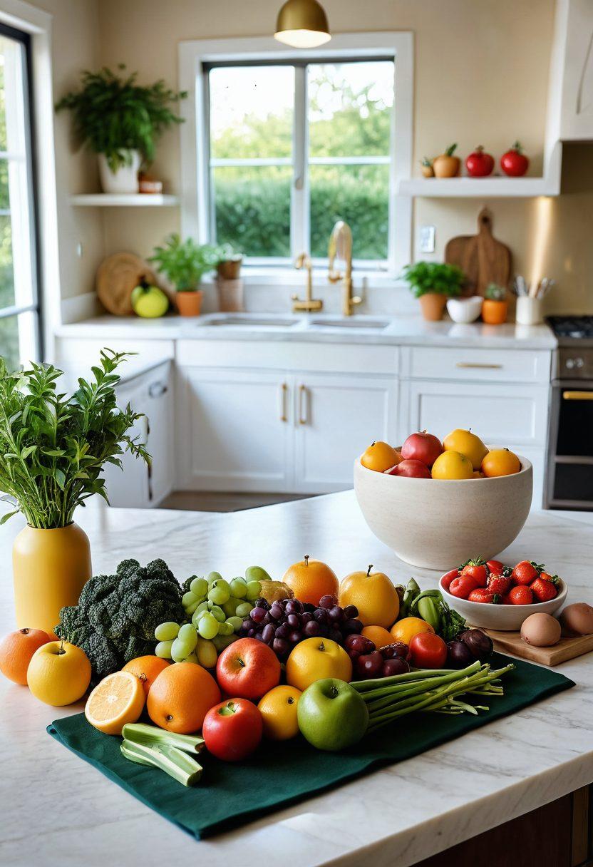 A serene kitchen scene showcasing fresh fruits and vegetables, with a stylish cookbook open on the counter. In the background, a calming space with a yoga mat and green plants, depicting a holistic approach to wellness. Visual elements should evoke feelings of vitality and health. super-realistic. vibrant colors. warm lighting.
