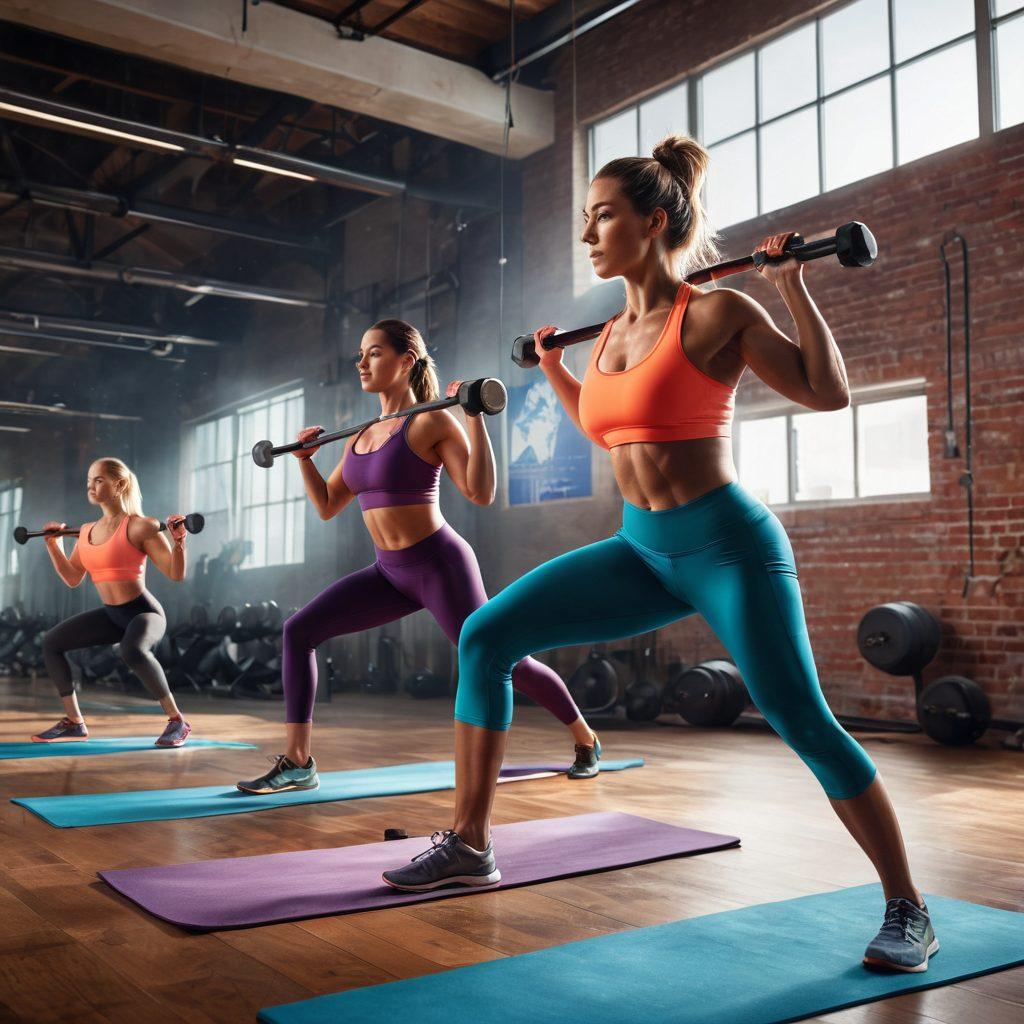 A dynamic montage showcasing diverse fitness programs including high-intensity interval training, yoga, and weightlifting, with vibrant energy flowing through each segment. In the background, a visual representation of a metabolic rate graph fluctuating, symbolizing progress and transformation. Include diverse individuals engaged in various exercises, radiating motivation and health. Bright colors to evoke energy and vitality. super-realistic. vibrant colors.