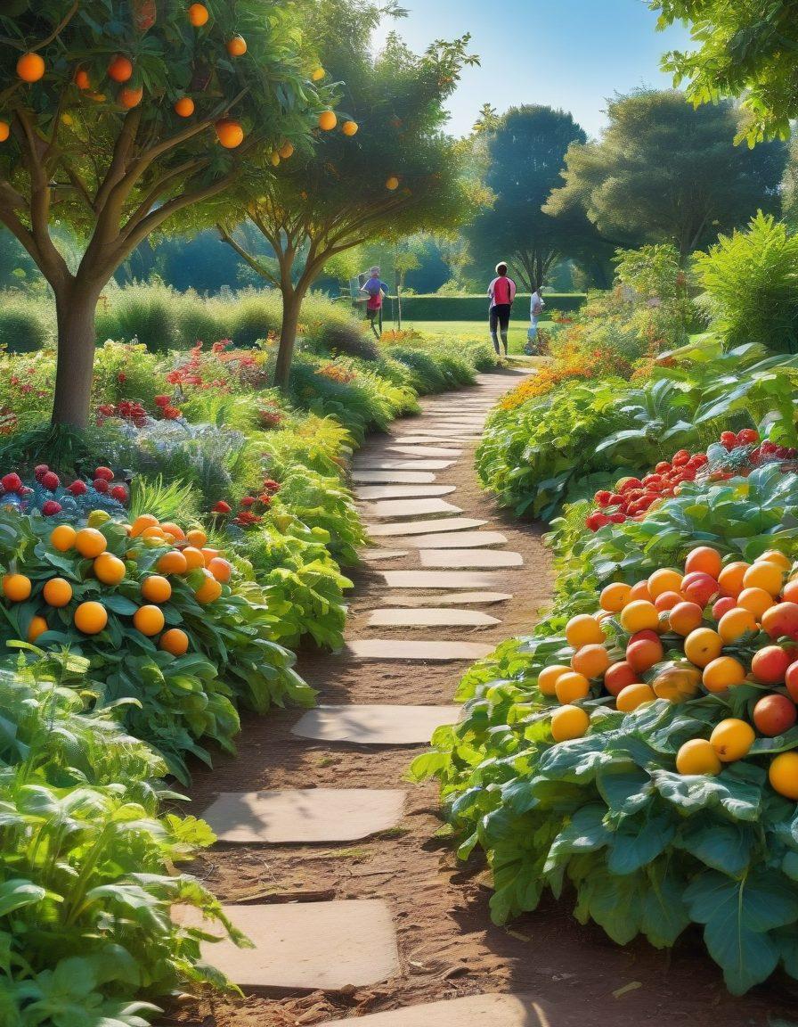 A vibrant scene depicting a diverse group of people engaging in various activities that boost metabolism, like jogging, cycling, and preparing healthy meals. Include bright fruits and vegetables in the foreground, a sunny park setting in the background, and a motivational quote about health and happiness creatively integrated into the landscape. Emphasize energy and vitality. super-realistic. vibrant colors.